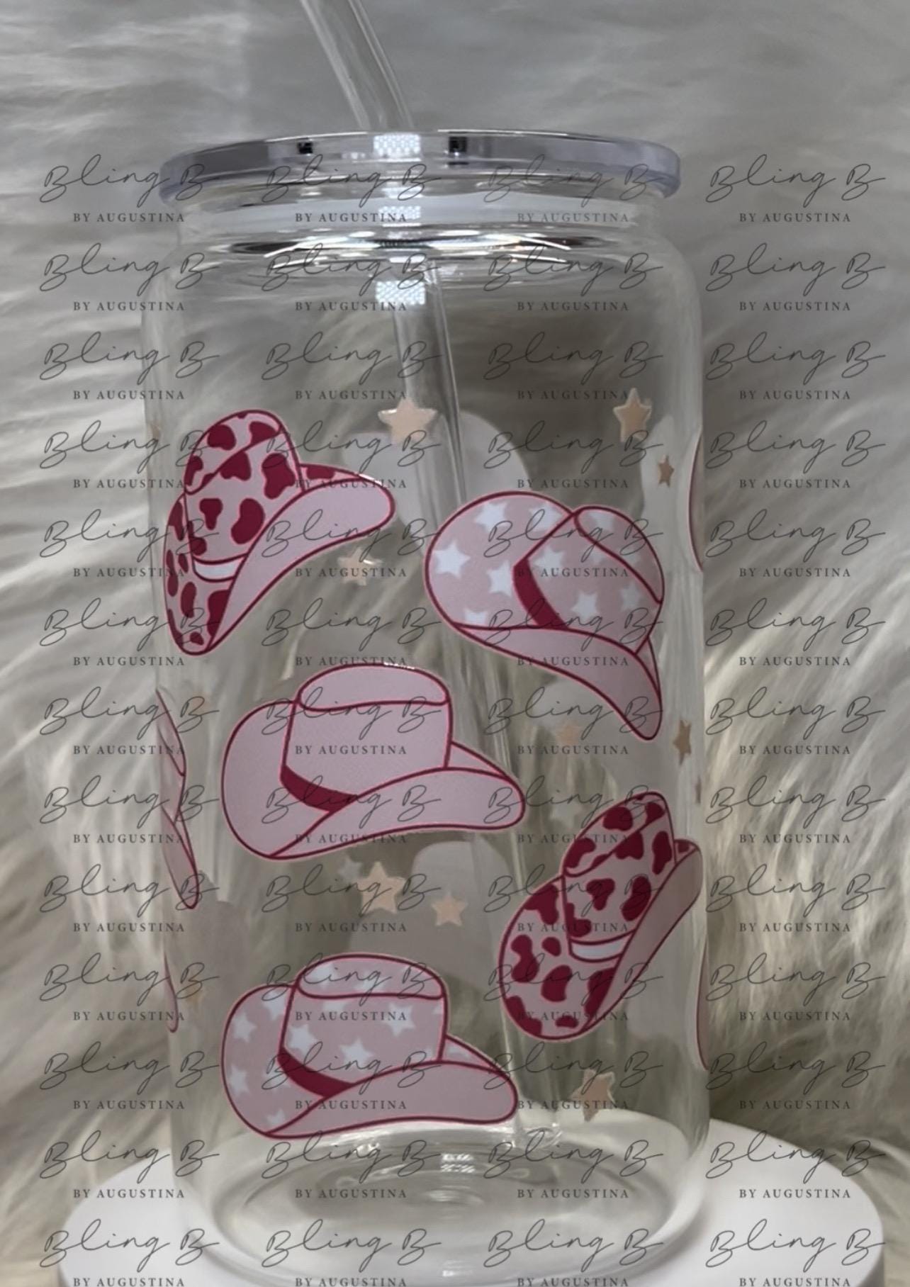 Girly Pink Cow Girl Hat glass Libby cup, Libby glass tumbler, iced coffee cup, beer can glass cup, 16 oz, smoothie cup cold coffee