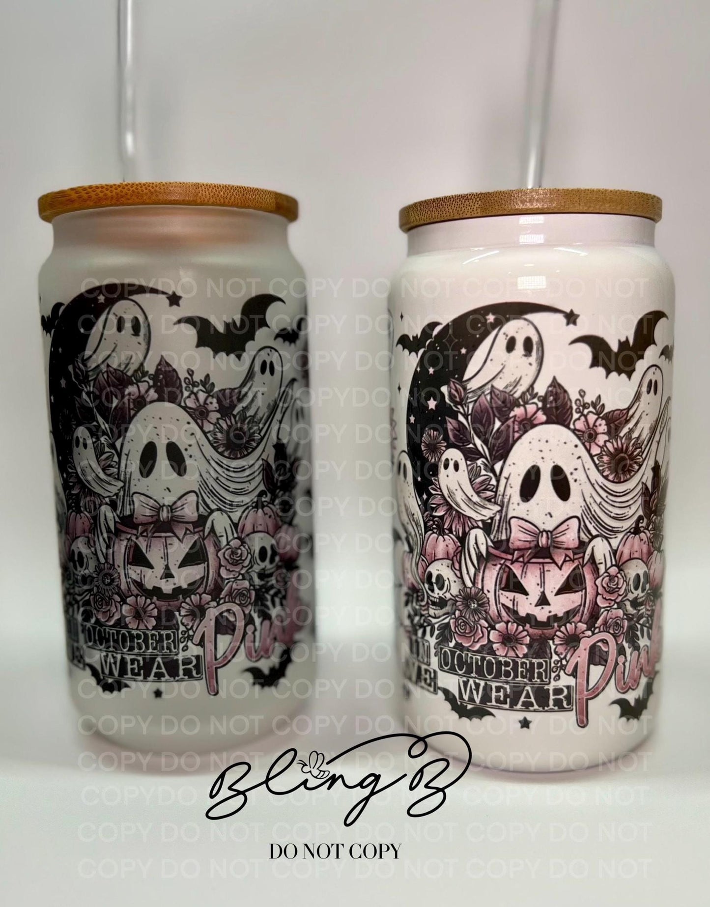 Halloween Breast Cancer In October We Wear Pink Ghost Libby cup, tumbler, iced coffee cup, beer can glass cup, 16 oz, smoothie cup