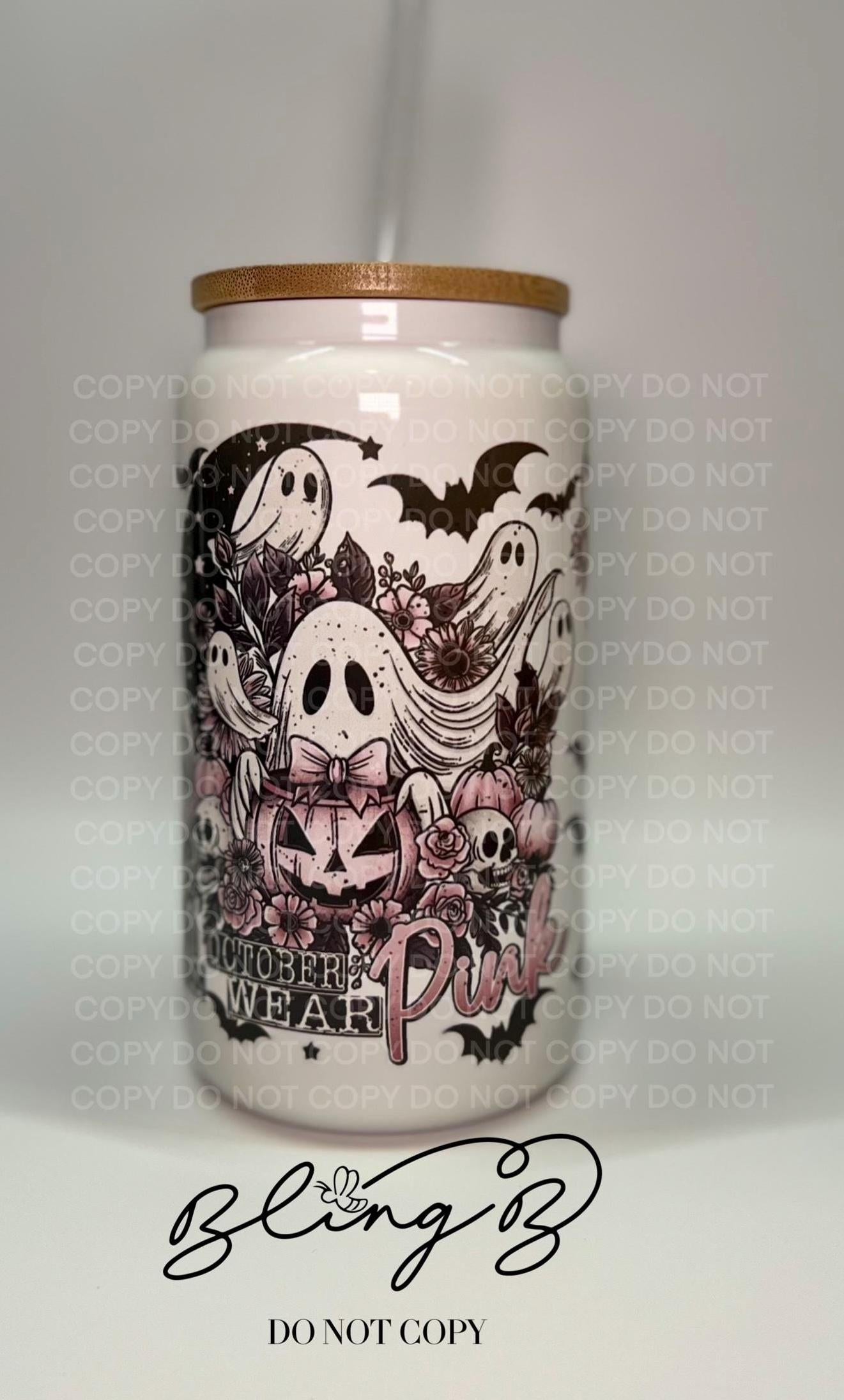 Halloween Breast Cancer In October We Wear Pink Ghost Libby cup, tumbler, iced coffee cup, beer can glass cup, 16 oz, smoothie cup