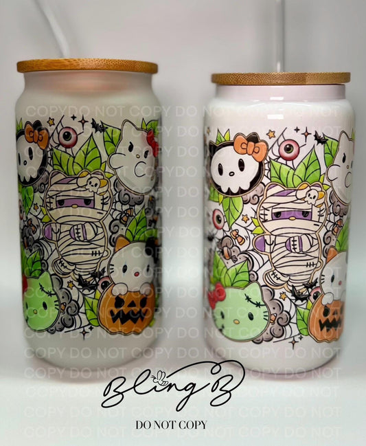 Halloween Hallow Kitty glass Libby cup, Libby glass tumbler, iced coffee cup, beer can glass cup, 16 oz, smoothie cup