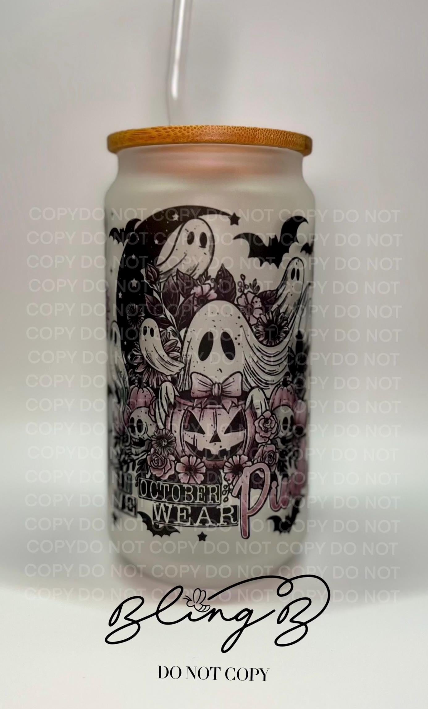 Halloween Breast Cancer In October We Wear Pink Ghost Libby cup, tumbler, iced coffee cup, beer can glass cup, 16 oz, smoothie cup