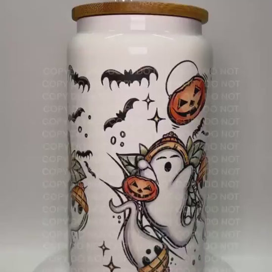 Halloween Ghostly Trio glass Libby cup, Libby glass tumbler, iced coffee cup, beer can glass cup, 16 oz, smoothie cup