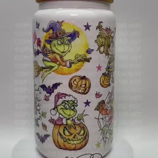 Halloween Spooky Green Guy glass Libby cup, Libby glass tumbler, iced coffee cup, beer can glass cup, 16 oz, smoothie cup