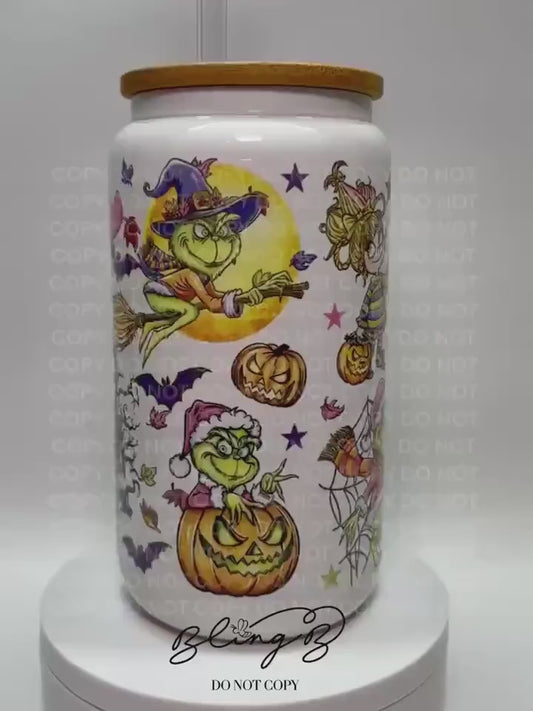 Halloween Spooky Green Guy glass Libby cup, Libby glass tumbler, iced coffee cup, beer can glass cup, 16 oz, smoothie cup